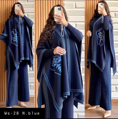 READY TO WEAR WINTER 3 PIECE FLEECE SUIT CAPE SHAWL HIGH NECK & TROUSER WA-28